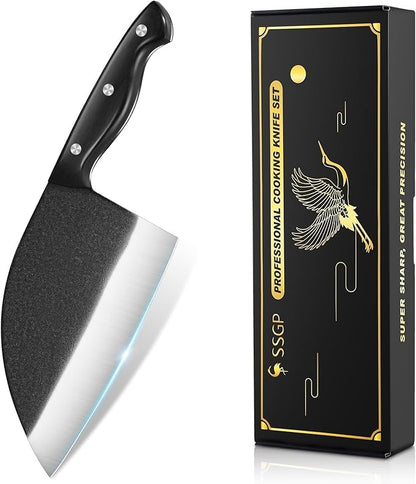 SSGP Serbian Chef Knife, 7.2 Inch Meat Cleaver Knife with Full Tang Handle, Hand Forged Heavy Duty Chopper Knife, Butcher Knife for Kitchen, Outdoor Cooking, Camping