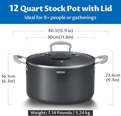 12 Quart Nonstick Stock Pots with Lid, BEZIA Large Pot for Cooking, Ceramic Soup Pot with Lid, Induction Ready, Big Cooking Pots with Silicone Handle, Compatible with All Cooktops, Dishwasher Safe
