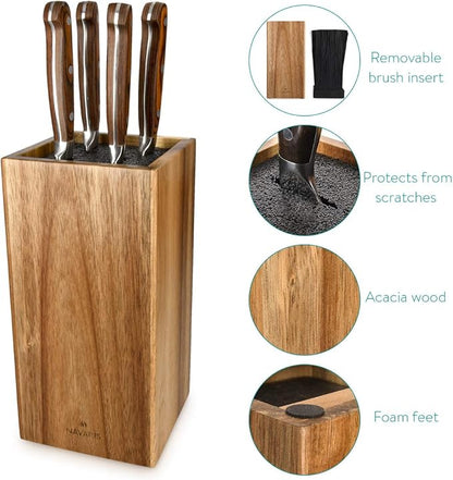 Navaris Wooden Kitchen Knife Block - Universal Bristle Knife Holder Storage Stand - Acacia Wood Knife Block - Upright Design 9.4 x 4.7 x 4.7 inches