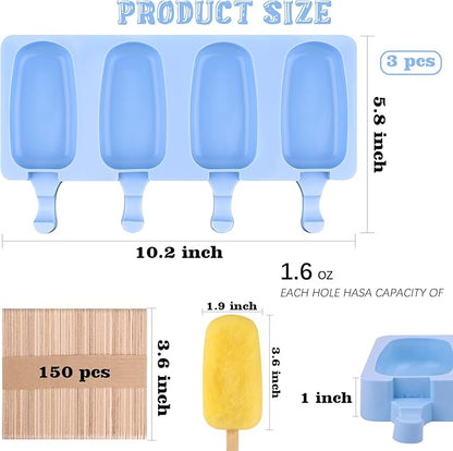 Sakolla Large Silicone Popsicle Molds Set of 3, Oval 4 Cavities Homemade Ice Pop Molds with 150 Wooden Sticks for Ice Cream, Cakesicles, Cake Pop (Blue)