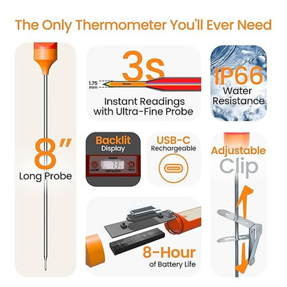 AI Bluetooth Candy & Meat Thermometer with 20+ Presets, Smart Alerts via App (Type-C Rechargeable) Digital Instant Reading for Candy Making, BBQ, Deep Frying, & Liquids, 8" Long Probe,CT180-BT