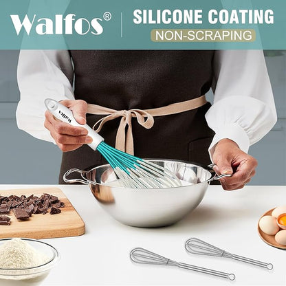 Walfos Whisk,Silicone Whis, Non Scratch Coated Wisking tool silicone set of 5,BPA Free and Heat Resistant 480°F.Premium for Whisking, Blending, Frothing, Beating.(Blue)