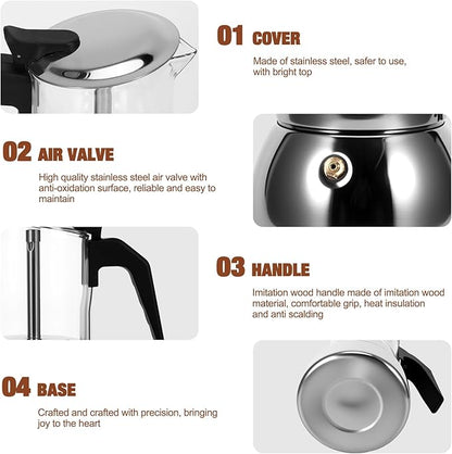 Stovetop Espresso Maker, 4Cup 200ML Stainless Steel Stovetop Italian Coffee Maker Transparent Glass Moka Pot, Coffee Maker Mocha Pot for Home Cafe Outdoor Office