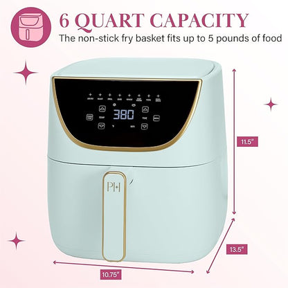 Paris Hilton Air Fryer, Large 6-Quart Capacity, Nonstick Made without PFAS, Touchscreen Display, 8-in-1 (Air Fry, Roast, Broil, Bake, Reheat, Keep Warm, Pizza, Dehydrate), Dishwasher Safe, Aqua