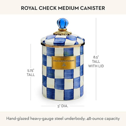 MACKENZIE-CHILDS Medium Enamel Canister, Kitchen Storage Container for Flour and Sugar, 1.42 Liters, Blue-and-White Royal Check