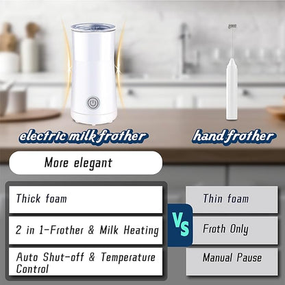 Huogary Milk Forther Simple Milk Frother and Steamer 2-in-1 Milk Steamer with Hot Milk Foam and Hot Milk for Latte, Macchiato, Cappuccinos, White （Medium）