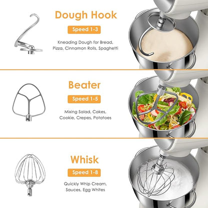 ZACME Mixers Kitchen Electric Stand Mixer 5.5QT 600W, Aluminum die casting and Gears, Dual Cooling System, Low Noise, DC Motor, LED Display and Timing Function, Tilt-head Metal Food Mixer, White