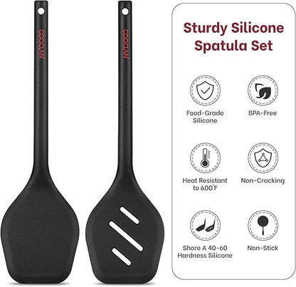 Silicone Spatula Set (BPA-Free), 600°F Heat Resistant Spatulas for Non-Stick Pans, 2 Pack Solid & Slotted Silicone Turner, One-Piece Cooking Spatula Turners for Kitchen Use, Black