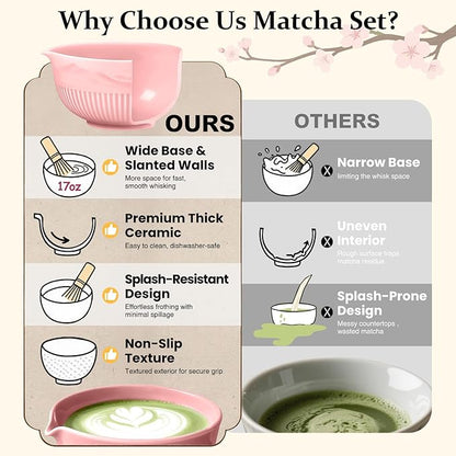 7PCs Pink Matcha Whisk Set Traditional Japanese Matcha Kit with Whisk and Bowl Matcha Making Accessories Bamboo Chasen Tea Spoon Holder Sifter Tea Towel Ceremony Macha Tea Set for Beginners