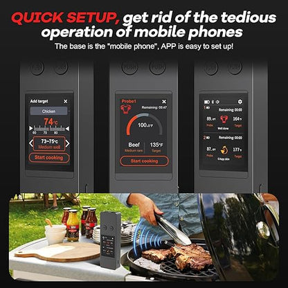 800FT Wireless Meat Thermometer Digital with 2 Upgraded Ultra-Thin Probe, Large Touchscreen, Kitchen Food Thermometer for Cooking Oven, Smoker, Rotisserie, BBQ(No App to Download)