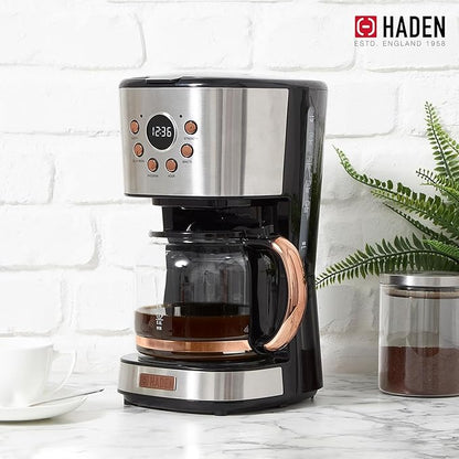 Haden Coffee Machine, 12 Cup Programmable Drip Coffee Maker with Auto Shut-Off Function and Reusable Washable Water Filter, Steel & Copper