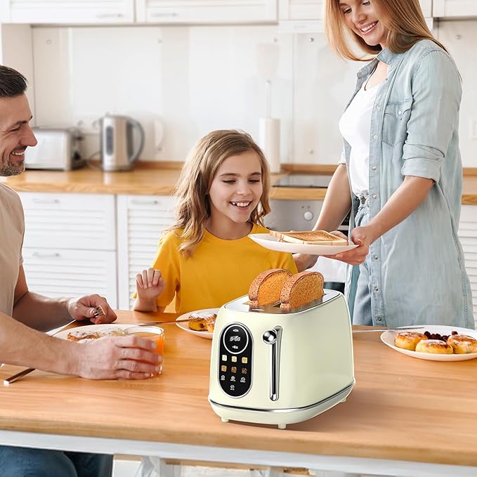 Keenstone Smart Touch Screen Toaster 2 Slice, Retro Wide Slot Stainless Steel Toaster with 6 Browning Levels, Reheat & Defrost, for Bagel, Toast, Bread, Removable Crumb Tray, Beige