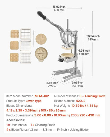 VEVOR Commercial French Fry Cutter, Stainless Steel Vegetable Fruit Chopper with 3 Replacement Blades 1/2-Inch 3/8-Inch 1/4-Inch, and a Juicing Blade, Manual Potato Slicer Dicer for Restaurants & Home