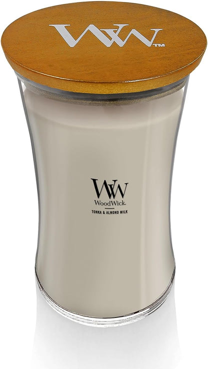 WoodWick Tonka & Almond Milk Gifts for Women and Men, 21.5 oz Large Hourglass Candle with Crackling Wick