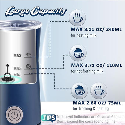 Huogary Milk Forther Simple Milk Frother and Steamer 2-in-1 Milk Steamer with Hot Milk Foam and Hot Milk for Latte, Macchiato, Cappuccinos, Blue