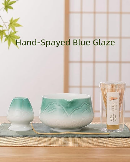 ZENS Matcha Whisk Set, 5pcs Matcha Kit Set Includes Ceramic Bowl, Bamboo Whisk and Chasen Holder, Scoop & Tea Mat for Matcha Ceremony, Blue