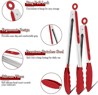TeamFar Kitchen Tongs, 9" and 12" Stainless Steel Cooking Tongs with Silicone Tips for Cooking Grilling Serving & BBQ, Heat Resistant Silicone Tongs, Locking Design & Dishwasher Safe, Set of 2 & Red