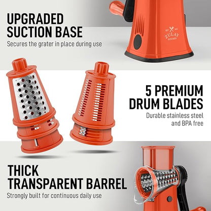 Zulay Kitchen Rotary Cheese Grater 5 Blade Cheese Shredder - Manual Hand Crank Cheese Grater With Reinforced Suction & 5 Interchangeable Drums - Easy to Use, Vegetable Chopper Round Mandoline Slicer
