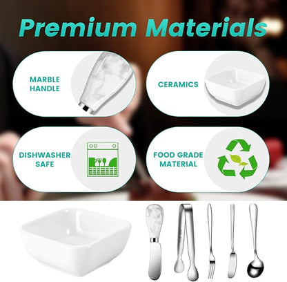Charcuterie Board Accessories With 3 Oz Ceramic Dip Bowls, Ceramics Handle Silver Cheese Spreader Butter Knive Set Kit, Mini Tongs, Spoons, Forks,Honey Dipper, Cocktail Picks