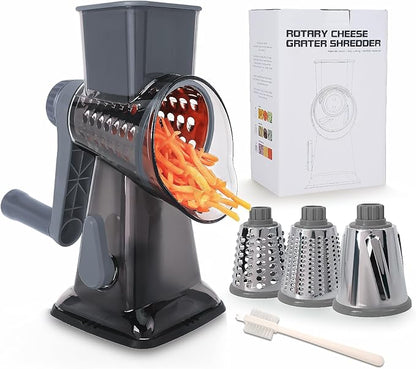 Rotary Cheese Grater Multi-Purpose Stainless Steel Shredder- Cheese Grater With handle Effortless Grating of Vegetables, Nuts and Fruits,with Suction Base and Cleaning Brush (gray)