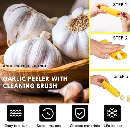 Angel’s Peel Lounge Garlic Peeler Tube Set (Silicone Peeler and Cleaning Brush), Roller Garlic Peeling Kitchen Tool – Easy Cleaning and Dishwasher Safe