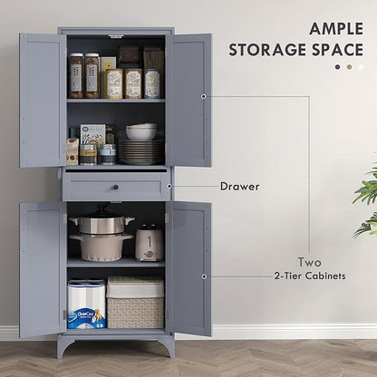 HOMCOM 67" Tall Freestanding Kitchen Pantry Cabinet, 4-Door Storage Cabinet with Drawer and Adjustable Shelves for Dining Room, Gray
