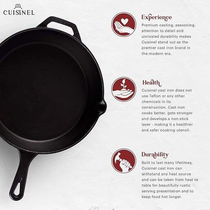 Cast Iron Skillet - 10"-Inch Frying Pan with Pour Spouts + Pan Scraper + Silicone Grip Handle Cover Holder - Pre-Seasoned Oven Cookware - Indoor/Outdoor Use - BBQ, Firepit, Stovetop, Induction Use