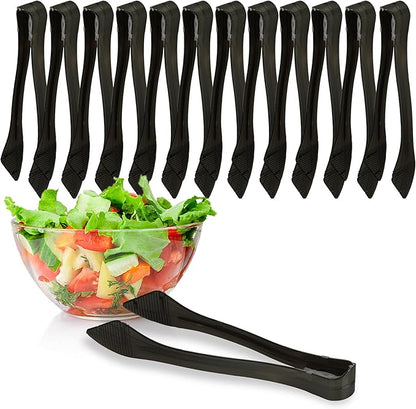 PARTY BARGAINS 8.5 Inches Plastic Serving Tongs, 12 Pack, Premium Quality & Heavy-Duty Black Plastic Tongs for BBQ, Salads, Grilling, Buffets, & Kitchen
