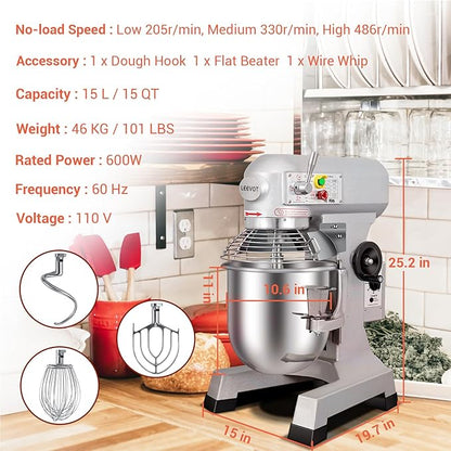 15 QT Bread Mixer, Commercial Industrial Grade Food Stand Mixer with Stainless Steel Bowl and 3 Types of Mixing Tools, Built for Professional Baking: Effortlessly Handles Large Recipes