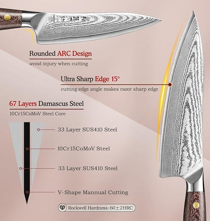 HEZHEN Damascus Chef Knife Set, 67 Layers Damascus Steel, 5PCS, Ultra Sharp, Professional Kitchen Knife Set for Chefs and Home Cooking, Ergonomic Micarta Handle, Gift Packing