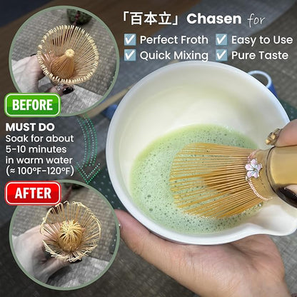 Matcha Whisk Set Incl. Ceramic Bowl With Spout, Whisk (Chasen), Stand, Bamboo Scoop, Sifter, Electric Frother, Tea Towel etc. 9 Pcs Matcha Making Starter Kit, Blue&White