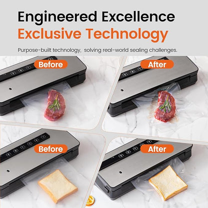 Vacuum Sealer for Food - 90kpa Vacuum Sealer Machine with Bags Storage and Built-in Cutter, Food Sealer with External Vac Function, Dry Moist Modes, Bag Roll included, Stainless Steel