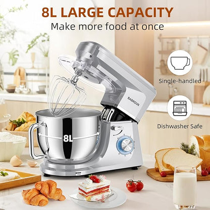 Dough Mixer 8.45 QT Electric Mixer - 660W 6 Speed Large Capacity Kitchen Stand Mixer with Whisk Dough Hook Mixing Beater Household Food Mixer for Baking Cakes Cookie Bread Salad (Silver)