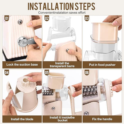 Rotary Cheese Grater with 5 Well-designed Blades & Strong Suction Base, Kitchen Mandoline Vegetable Slicer with Blade Storage Box(Off-white)