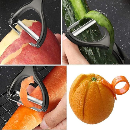 Vegetable Peeler, Potato Peelers for Kitchen Stainless Steel Multi-function Set Fruit Peeler For Kitchen and Household Tools Y & I Shape Swivel Blades with 2 Orange Citrus Peelers(Black)