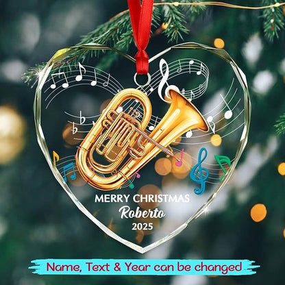 Personalized Year Text Name Tuba Instrument Glass Xmas Tree Ornament, Customized Tuba Lover Keepsake Ornaments Gift for Tubaist Daughter Son Husband Wife, Awesome Tubas Musical Instrument Ornament