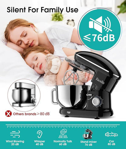Facelle Stand Mixer, 660W 6 Speed Electric Kitchen Mixer with Pulse Button, Attachments include 6.5QT Bowl, Dishwasher Safe Beater,Dough Hook,Whisk & Splash Guard for Dough,Baking,Cakes,Cookie(Black)