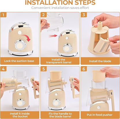 SUSTEAS Rotary Cheese Grater with Handle, Vegetable Slicer, 6 Interchangeable Blades, Reinforced Suction, Easy to Clean, Kitchen Shredder for Crushed Ice, Fruits, Nuts with Blade Storage Case, Beige