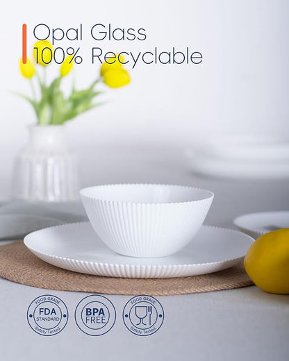 20 OZ Max White Opal Glass Cereal Bowl Set of 6, 6 inch Dishwasher & Microwave Safe Round Ribbed Bowls for Kitchen, Salad, Soup and Rice