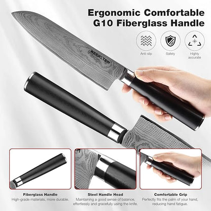 Japanese Damascus Santoku Chef Knife 7''（Mirror finish blade）, 67-Layer VG10 Damascus steel & Black G10 Handle for Cooking Kitchen (Gift Box)