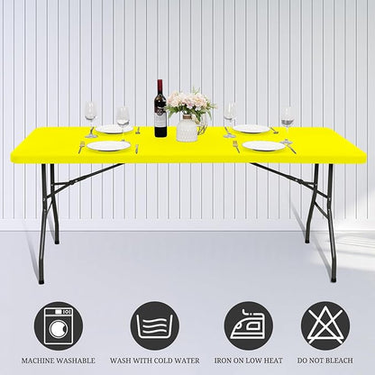 6 Pack Fitted Tablecloth for 6 Foot Rectangle Tables, Yellow Elastic Outdoor Picnic Table Cover, Washable Stretch Folding Table Cloths 6 ft for Camping Party Patio Kitchen Banquet, 30" W x 72" L