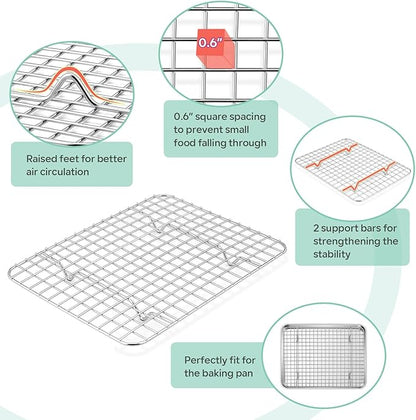 TeamFar Toaster Oven Pan with Cooling Rack Set, 10.5’’ x 8’’ x 1’’ Stainless Steel Compact Toaster Oven Small Baking Pan Tray with Mini Grid Rack, Non-Toxic & Heavy-Duty, Dishwasher & Oven Safe