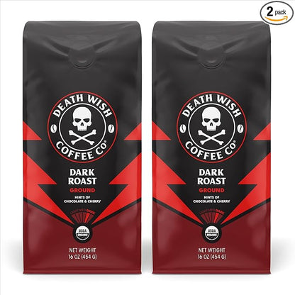 Death Wish Coffee Dark Roast Grounds -16 Oz, 2 Packs of Bold & Intense Blend of Arabica & Robusta Beans - USDA Organic Ground Coffee - Pack of 2