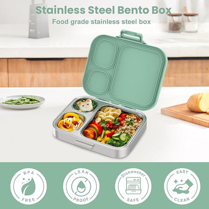 Stainless Steel Bento Lunch Box for Kids | 3-Compartment Lunch Box Container Kids | 100% Leakproof, Eco-Friendly, Perfect Portion Control for Kids&Adult Healthy Meals (Green)