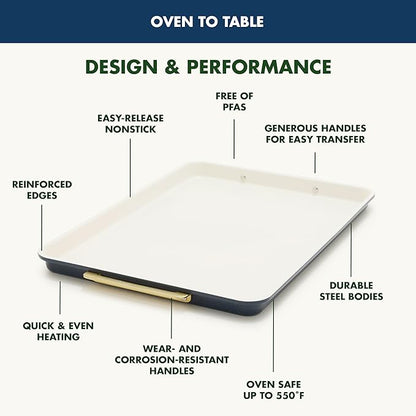 GreenPan Bakeware Set, 7 Piece Nonstick Ceramic Gold Handle Baking Sheets, Cake Pans, Loaf Pan, Muffin Tin, Cooling Rack, PFAS & BPA Free, Freezer to Oven Dish, Bake & Roast Ovenware, Oxford Blue