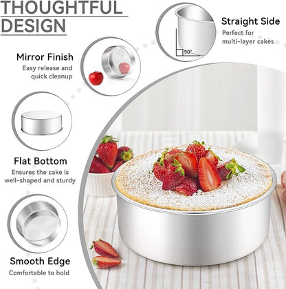 Leonyo 6 Inch Cake Pans, Stainless Steel Round Cake Baking Pans Set of 2, 6” x 3” Deep Baking Tins for Even Heating, Non Toxic & Healthy, Heavy-Duty, Dishwasher Safe
