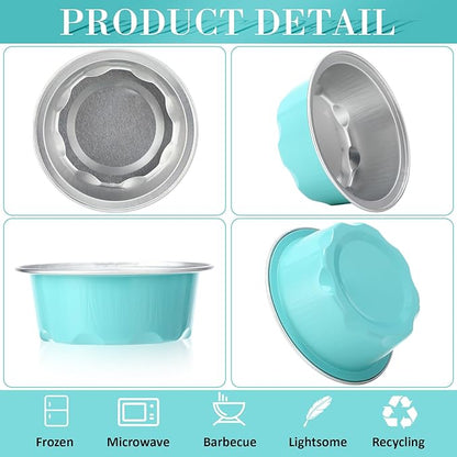 Eaasty 150 Pcs Baking Cups with Lids, 1.6 oz Muffin Cupcake Liners Aluminum Foil Mini Cake Pans Small Disposable Ramekin Flan Containers with Lids for Christmas, Birthday, Various Holiday (Light Blue)