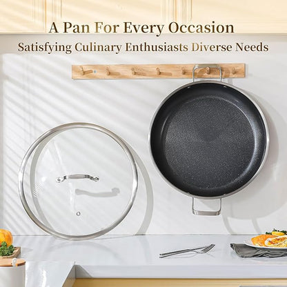 DELARLO Paella Pan 14 Inch Tri-Ply Stainless Steel Paella Pan with Lid Nonstick Frying Pan, Hybird Induction Large Skillets,Great for Paella Parties Indoors Outdoors,Heavy Duty Style