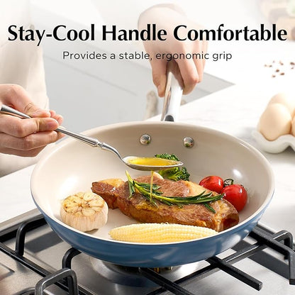 Redchef Non Stick Ceramic Frying Pan Set, Non Toxic Ceramic Pans for Cooking, 8" 9.5" 11" Skillet Set, No PFAS & PTFE & PFOA with Stainless Steel Handle, Dishwasher & Oven Safe Max up to 842°F (Blue)