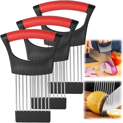 Onion Slice Holder, 2024 New Stainless Steel Holder for Slicing, Chopper Assistant Tool, Cutter for Meat, Onion, Potato, Tomato Kitchen Gadgets (Red, 3 Pack)